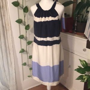 EUC Banana Republic blue cream striped 100% Silk Sleeveless Tie Neck Dress Gown